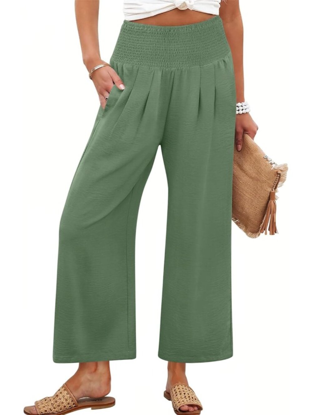 Women's Army Green Wide Leg High Waisted Elastic Casual Flowy Palazzo Pants